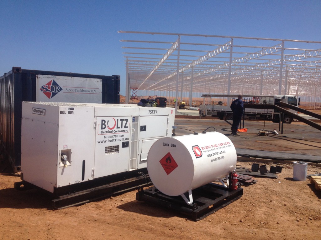 Boltz Electrical generator and back up fuel tank on a site in the desert on a big project in Darwin Australia.